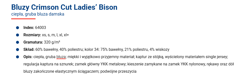 Specyfikacja Bluza rozpinana z kapturem Bison – damska