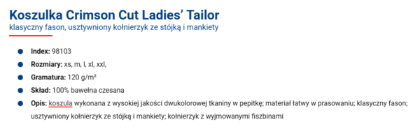 Specyfikacja: Koszula Ladies Tailor – damska