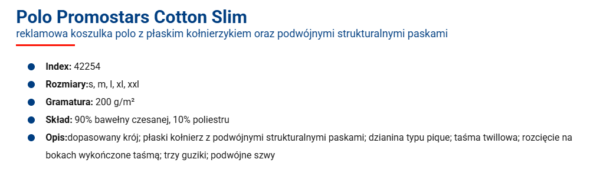 Specyfikacja: Polo Cotton Slim Promostar – męskie