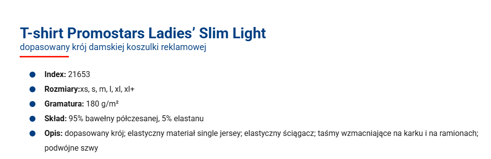 Specyfikacja T-shirt Slim Promostar – damski