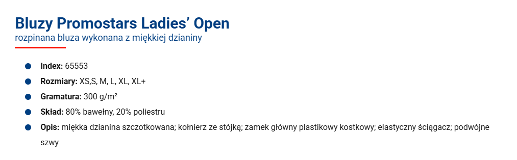 Specyfikacja Bluza rozpinana bez kaptura Promostar – damska