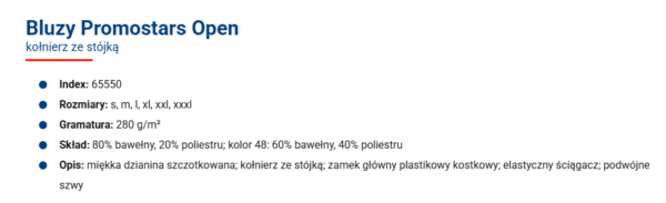 Specyfikacja: Bluza rozpinana bez kaptura Promostar – męska