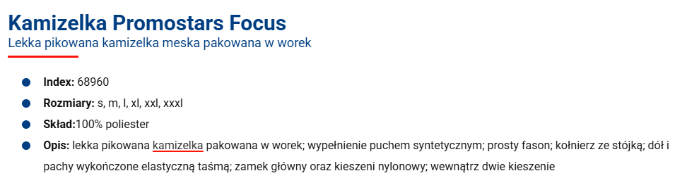 Specyfikacja Kamizelka pikowana Promostar – męska